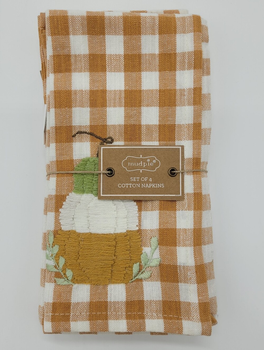 Mud Pie Napkin Set Of 4 Rust Off White Gingham Check Pumpkin Embroidery Fall NEW